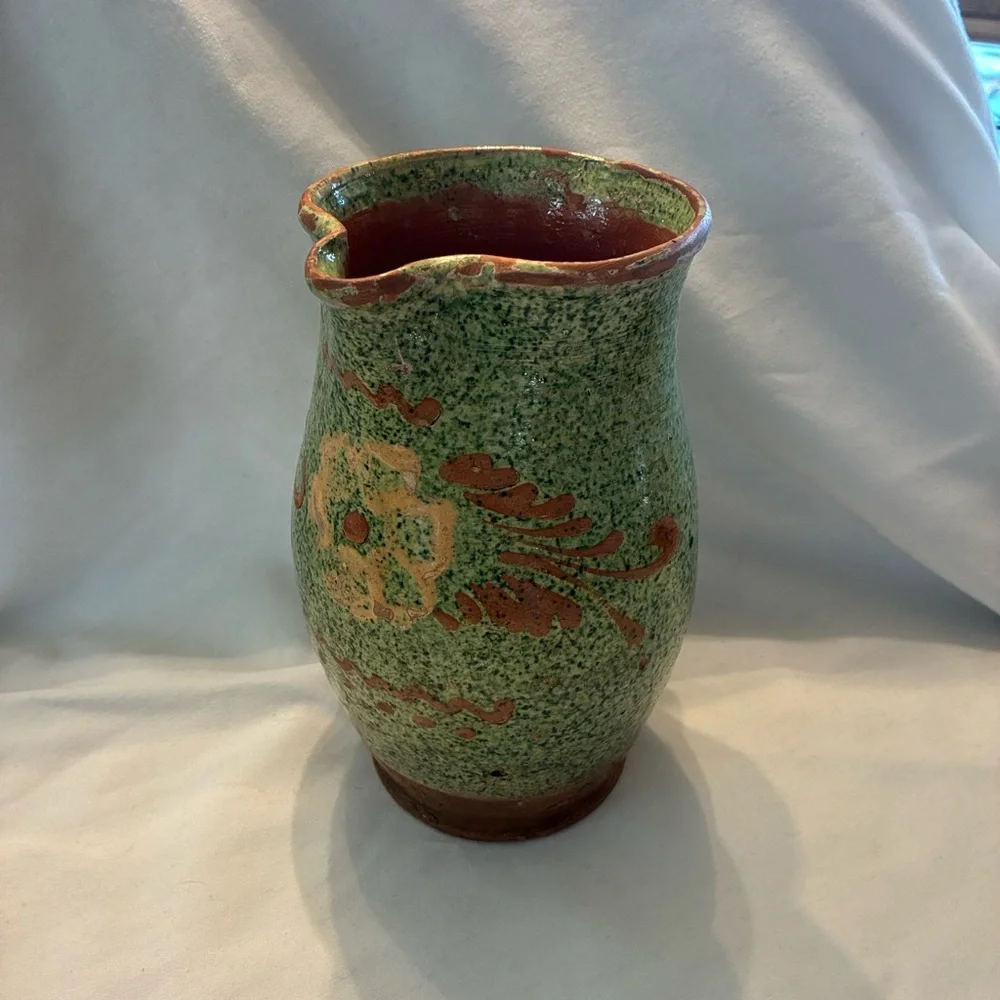 Italian ceramic pitcher rustic or folk art style, speckled green glaze Red Clay